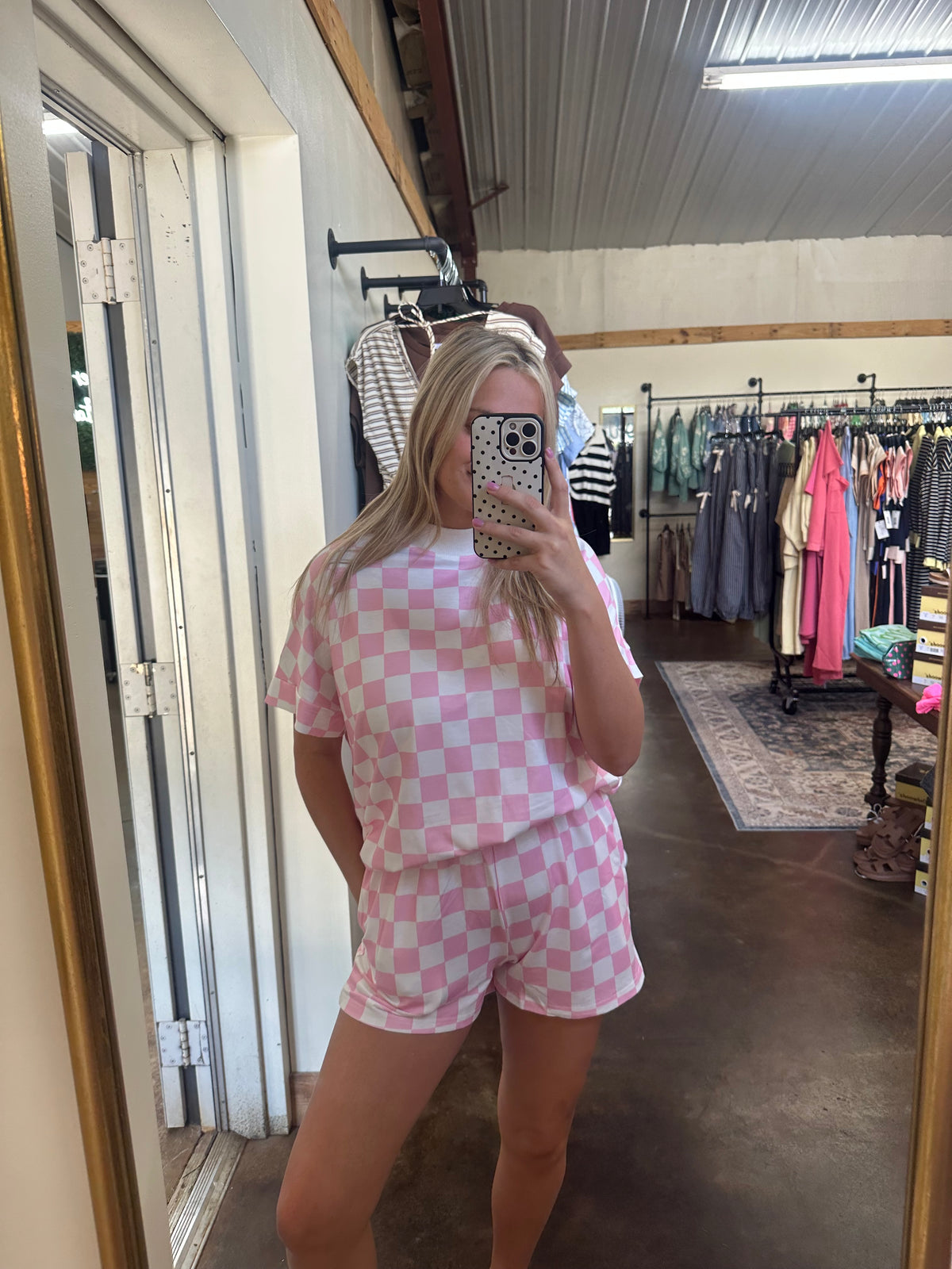 Pink checkered mock neck short set