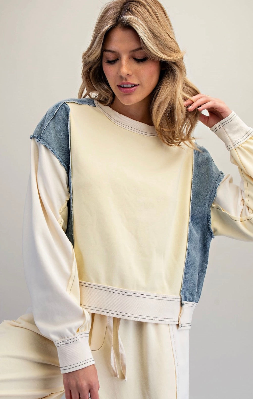 Denim trim pant set