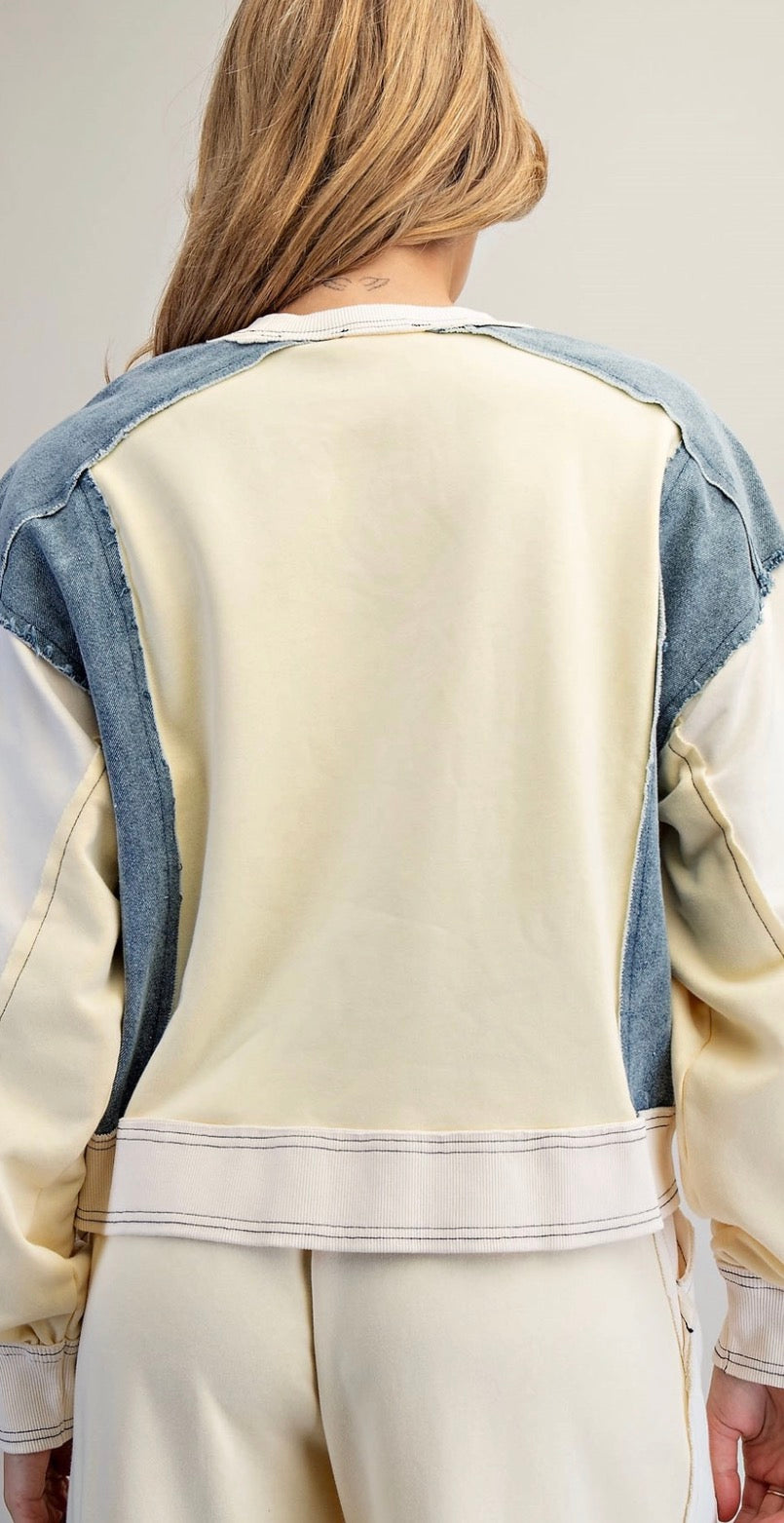 Denim trim pant set