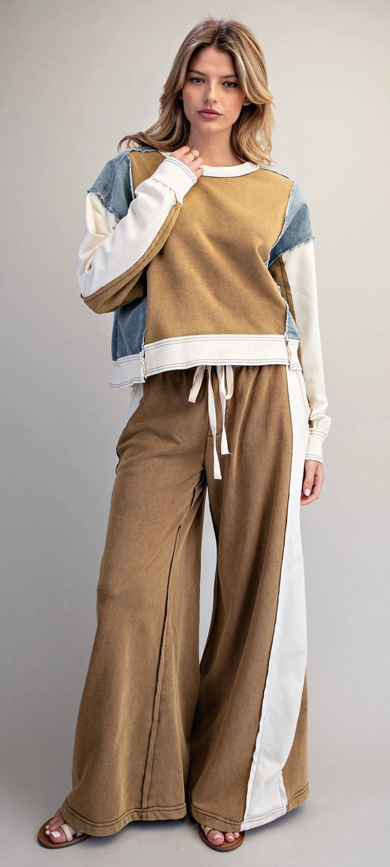 Denim trim pant set