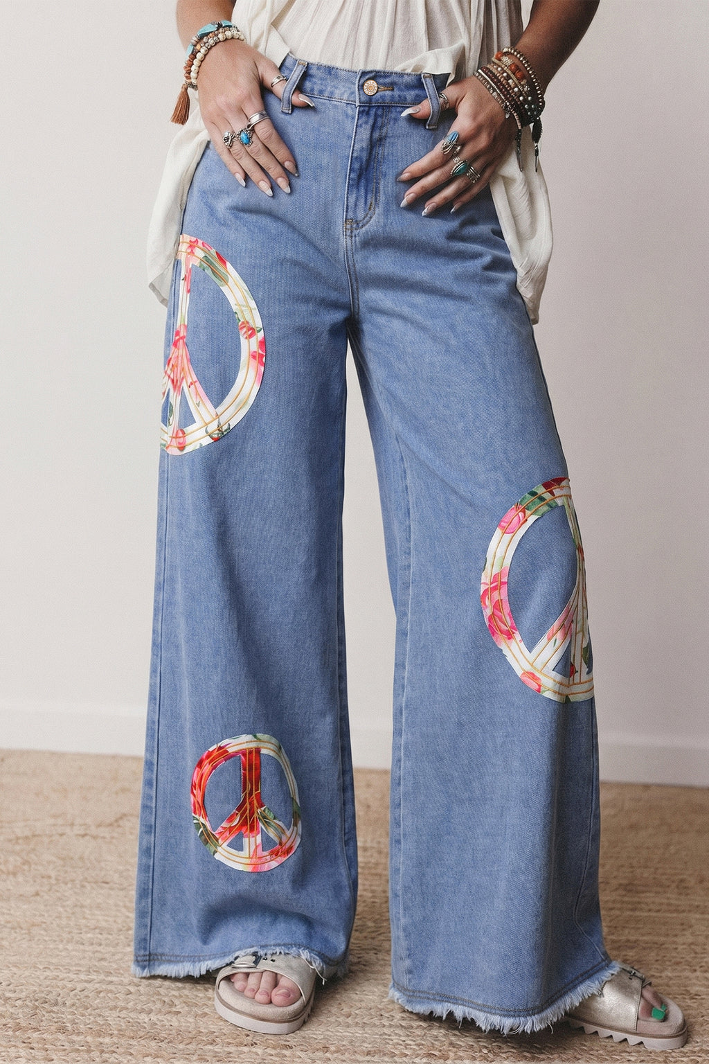 Floral Peace Sign Wide Leg Jeans
