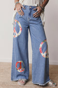 Floral Peace Sign Wide Leg Jeans