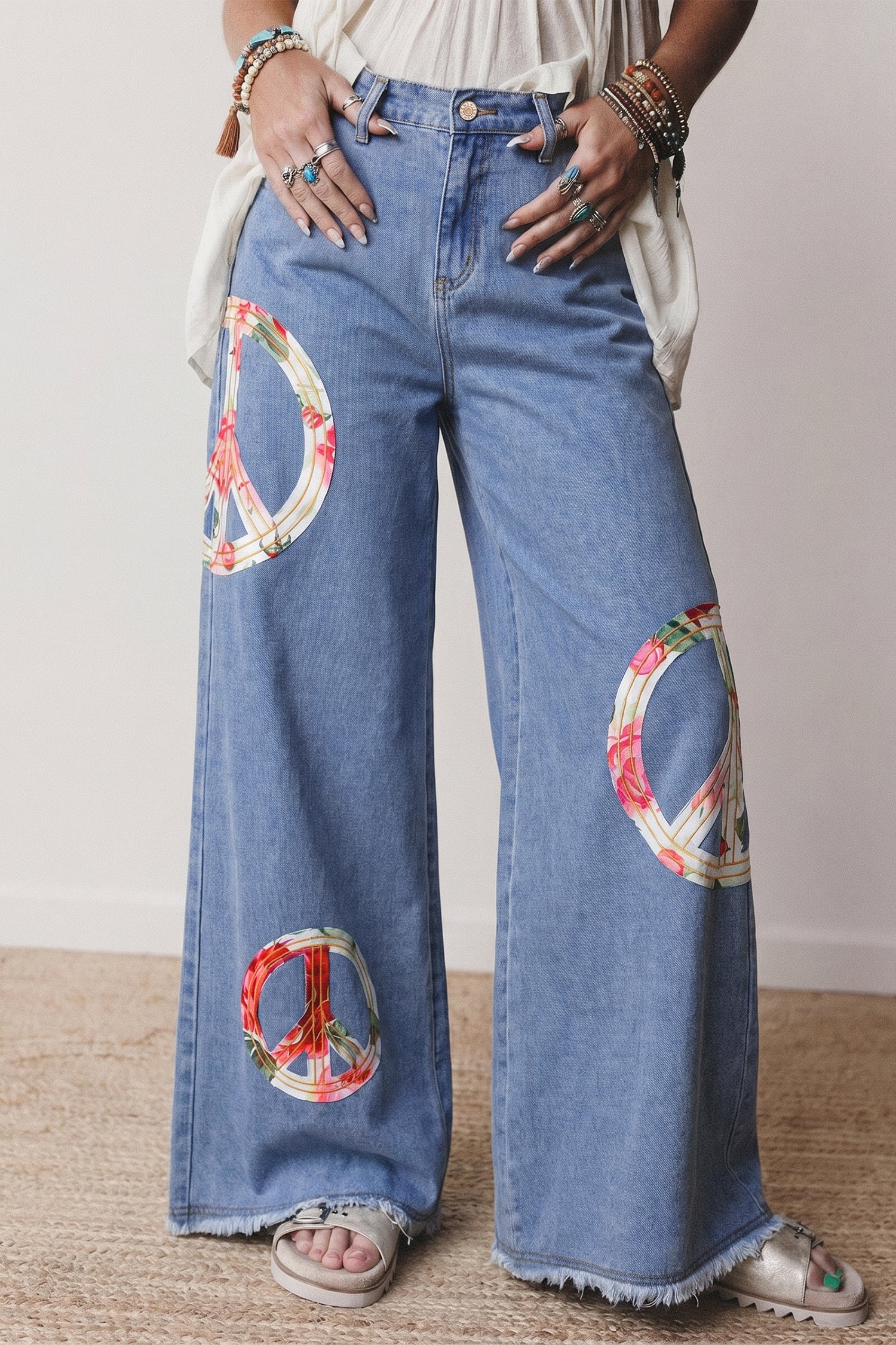 Floral Peace Sign Wide Leg Jeans